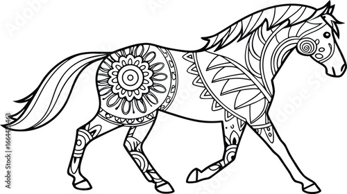 Ornate horse illustration with intricate line patterns art, Cute unicorn vector graphic design. Detailed horse head illustration with floral patterns ideal for coloring book enthusiasts delighting 