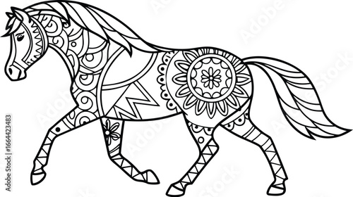 Ornate horse illustration with intricate line patterns art, Cute unicorn vector graphic design. Detailed horse head illustration with floral patterns ideal for coloring book enthusiasts delighting 