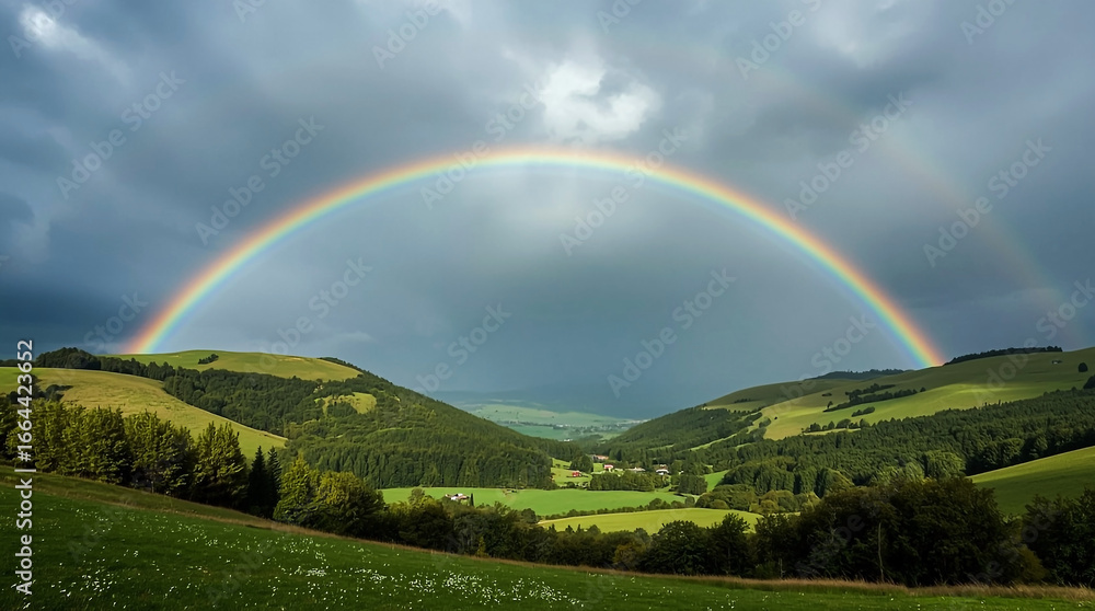 Naklejka premium Mysterious glowing arch over rolling green hills under dramatic stormy skies evokes wonder and natural phenomena