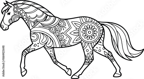 Ornate horse illustration with intricate line patterns art, Cute unicorn vector graphic design. Detailed horse head illustration with floral patterns ideal for coloring book enthusiasts delighting 