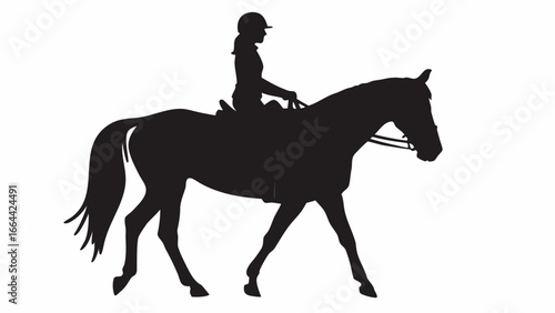 Silhouette of a horse with a rider wearing a helmet in black against a white background image view