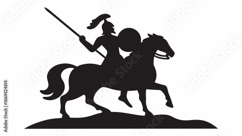 Silhouette of a warrior with helmet and shield riding a horse with a spear in hand on a white background