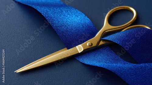 Wallpaper Mural Golden Scissors Cutting Blue Ribbon On Dark Background. Symbol Of Inauguration And Grand Opening Events Torontodigital.ca