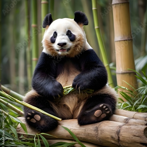 Cute panda sitting and chewing bamboo, isolated on white
