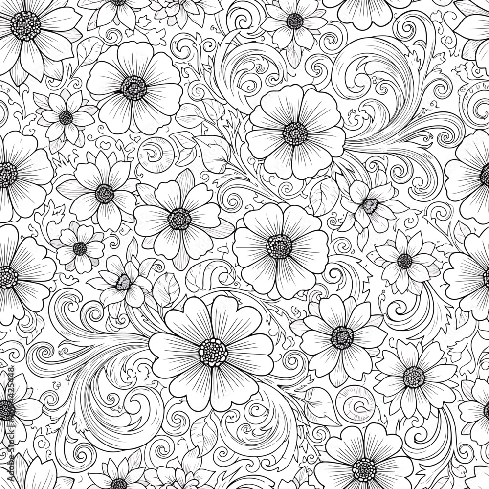 Fototapeta premium Seamless Pattern, Intricate floral pattern with swirls and detailed line work in black and white Stock royalty free