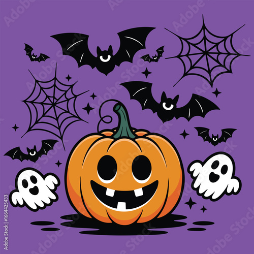 Halloween Pumpkin Icon with Ghosts, Bats, and Spider Webs