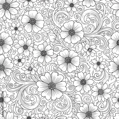 Seamless Pattern, Intricate floral pattern with swirls and detailed line work in black and white Stock royalty free
