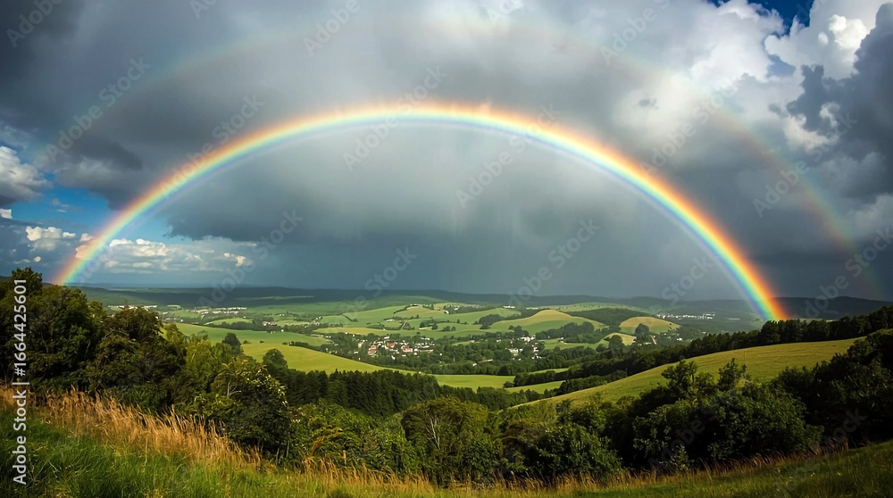 Naklejka premium Vibrant rainbow arches over lush green landscape after rain shower beautiful natural phenomenon sky cloud