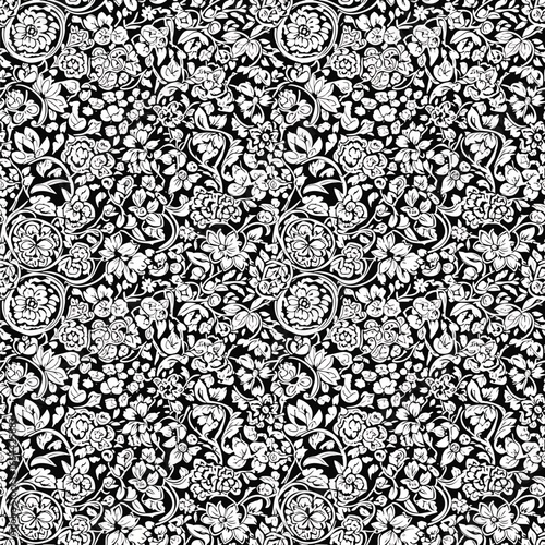 Seamless Pattern, Intricate floral pattern with swirling leaves and detailed flower heads in monochrome Stock royalty free image.
