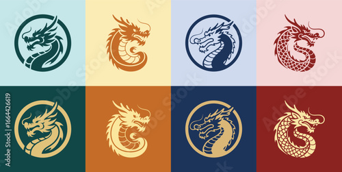 Dragon logo pack with four unique designs in elegant color combinations, suitable for premium identity, luxury design, and creative projects.
