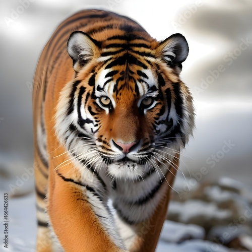High-resolution, realistic stock image of a tiger walking towards the camera, isolated on a pure white background. Detailed fur texture, perfect for commercial use, advertising, wildlife projects, and