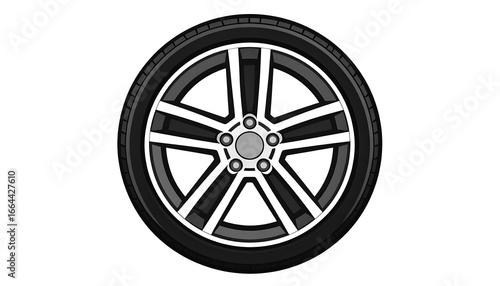 A detailed illustration of a car tire and wheel, showcasing intricate design elements.