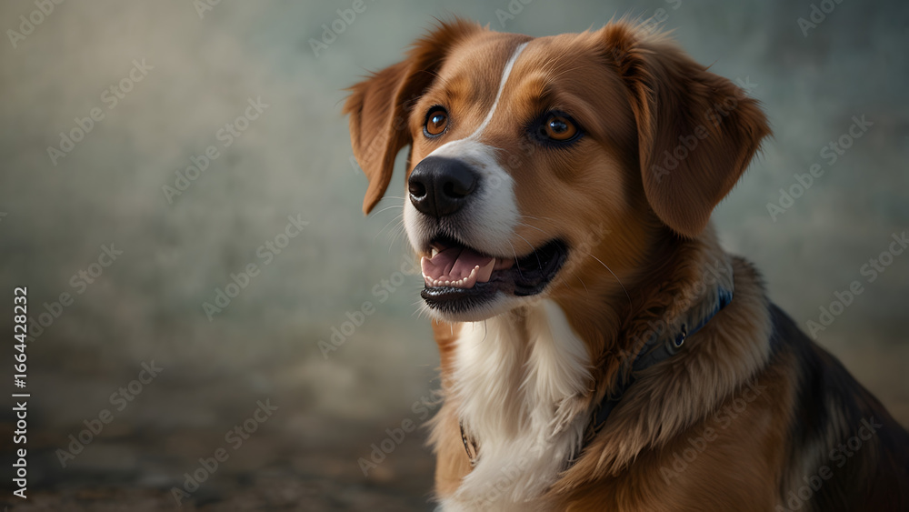 custom made wallpaper toronto digitalExcited, happy dog with tongue out, wide eyes, isolated on plain background for fun, energetic look and affectionate dog portrait in warm indoor environment with soft blanket.