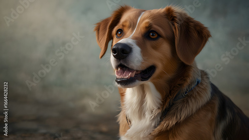 Wallpaper Mural Excited, happy dog with tongue out, wide eyes, isolated on plain background for fun, energetic look and affectionate dog portrait in warm indoor environment with soft blanket. Torontodigital.ca