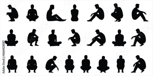 Collection of diverse human silhouettes in various sitting and squatting poses people male