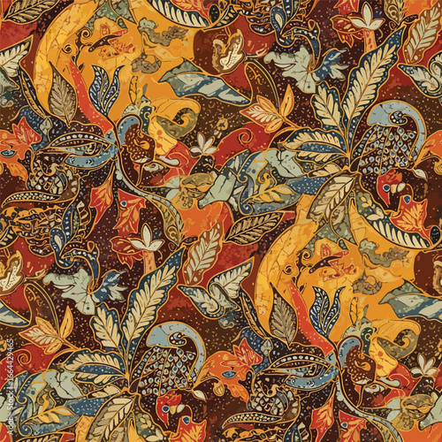 Seamless Pattern, Intricate batik style pattern featuring floral motifs and avian elements in warm colors Stock royalty free