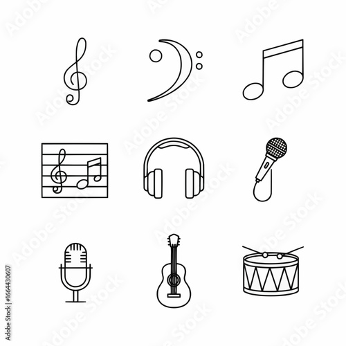 line icons depicting music symbols, instruments, and accessories. Includes musical notes, treble and bass clefs, microphones, headphones, guitar, drum