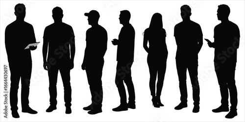 Diverse group of people silhouettes holding tablet and phone on white women