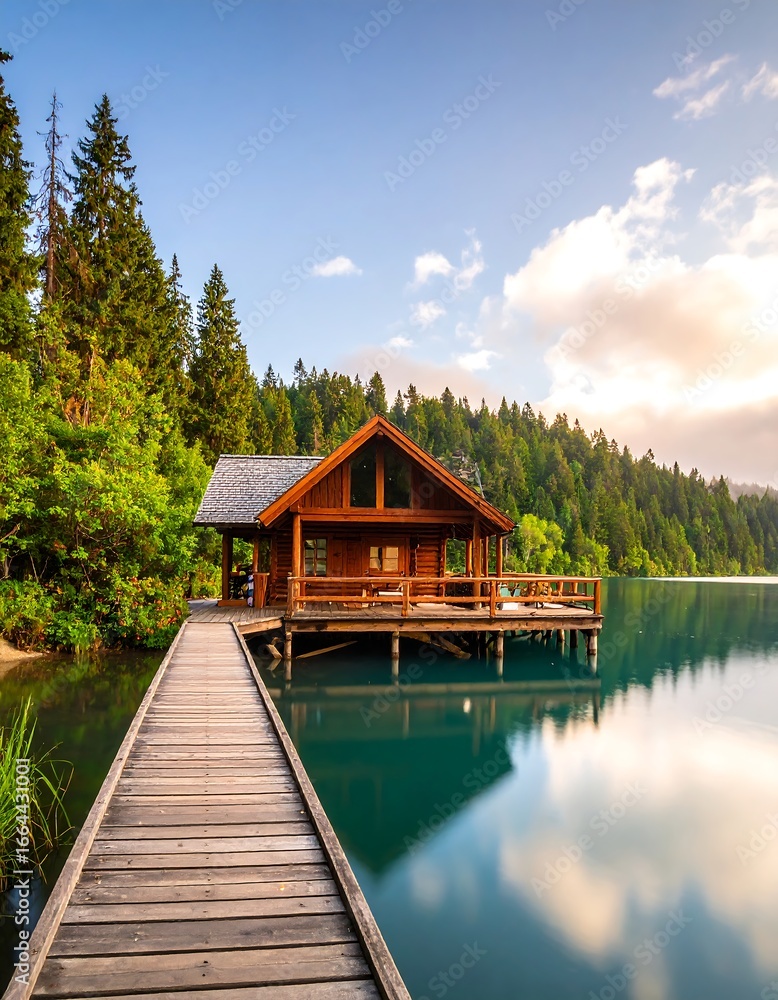 Fototapeta premium Lakeside Cabin at Dawn