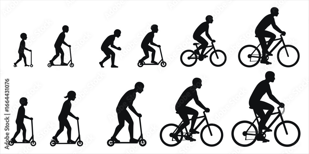 Naklejka premium Evolution of transportation from scooter to bicycle in silhouette child
