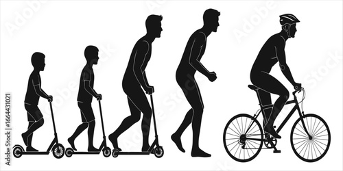Evolution of human mobility from childhood to adulthood on scooters and bicycle silhouette
