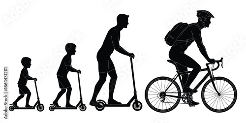 Evolution of transportation from scooters to bicycle in silhouette child