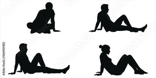 Four people relaxing in silhouette on a white background sitting lying down