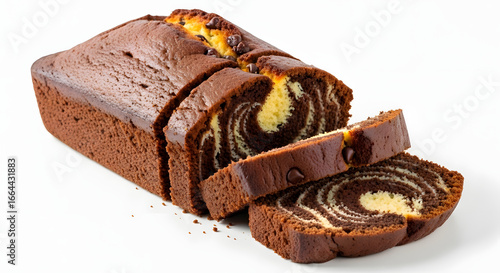 Sliced marble cake loaf with chocolate and vanilla swirls on a white background.