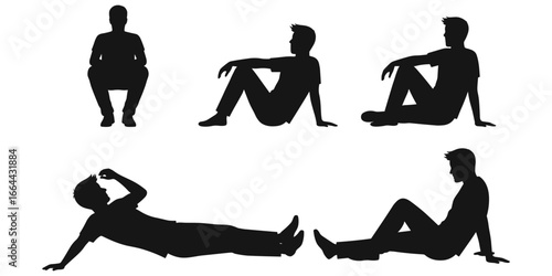 Set of male silhouettes in different relaxed sitting and lying down poses people