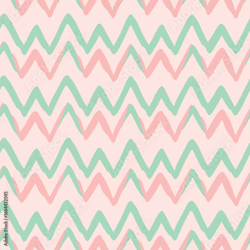 Seamless Pattern, Hand drawn zigzag pattern featuring mint green and light pink hues on beige background Stock royalty free image.