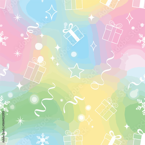 Seamless Pattern, Festive pastel background with presents, stars, and confetti for celebrations Stock royalty free image.
