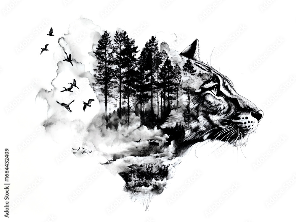 Obraz premium Black and white double exposure artwork combining a tiger face, pine forest, and flying birds in a surreal wildlife scene.