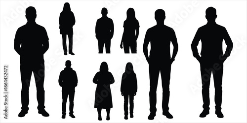 Silhouettes of men and women standing in different poses on white background Keywords: silhouette