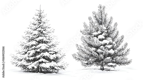 Detailed drawings of snow covered pine trees