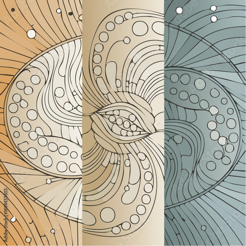 Ethereal abstract triptych design featuring intricate neurographic art with flowing lines and circular motifs in muted earth tones