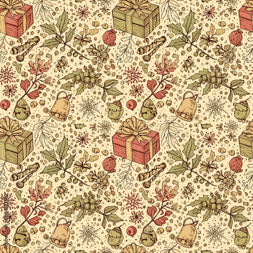 Seamless Pattern, Festive holiday pattern featuring gifts, bells, holly, and snowflakes illustration Stock royalty free