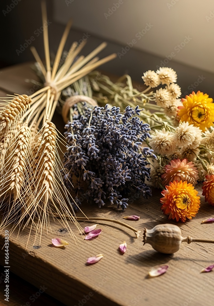 Obraz premium Dried flower arrangement on wood