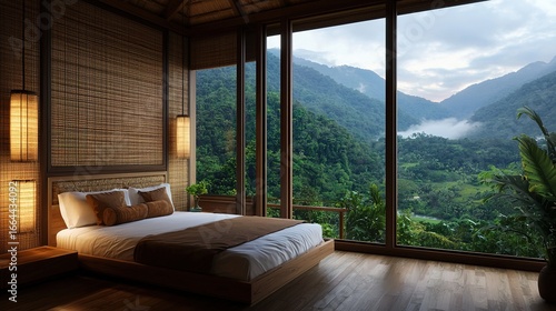 A serene bedroom features wooden decor and large windows with a breathtaking view of lush mountains and greenery.