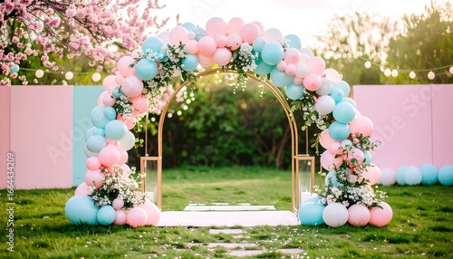A pastel-colored balloon archway, adorned with greenery, creates a charming outdoor backdrop.