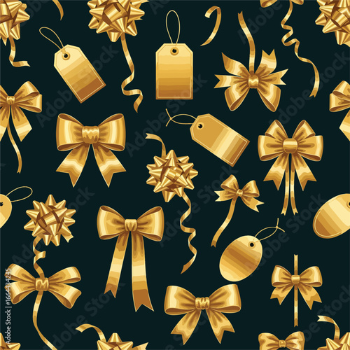 Seamless Pattern, Festive gold ribbons and gift tags create a seamless holiday pattern design Stock royalty free image.