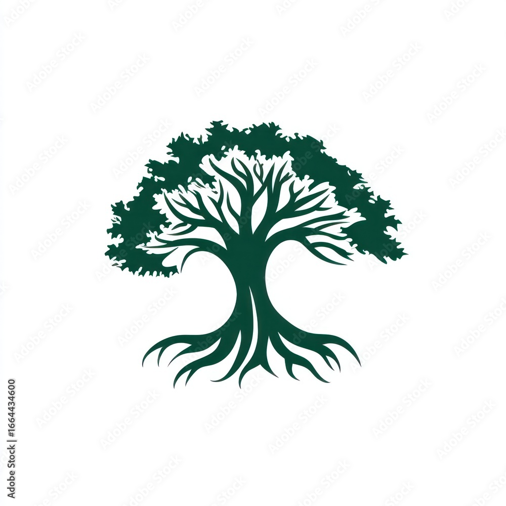Fototapeta premium Stylized green tree with visible roots on white