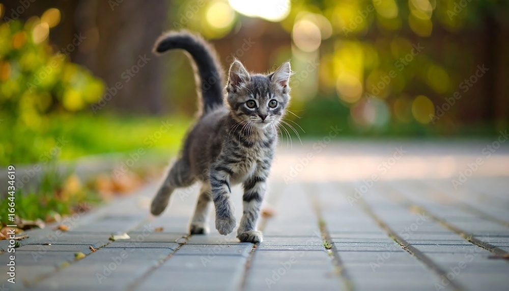 Naklejka premium A playful gray kitten strolls across a paved walkway on a sunny day, showcasing a charming outdoor scene.