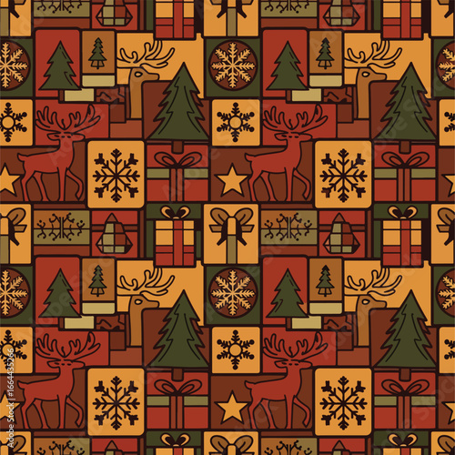 Seamless Pattern, Festive Christmas pattern with reindeer, trees, snowflakes, and gifts illustration Stock royalty free