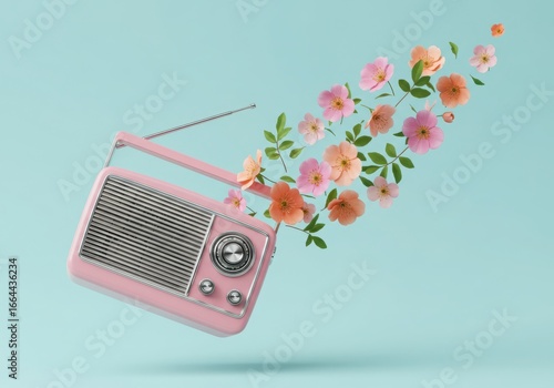 A pink vintage radio with colorful flowers and leaves emerging from the antenna, against a light blue background