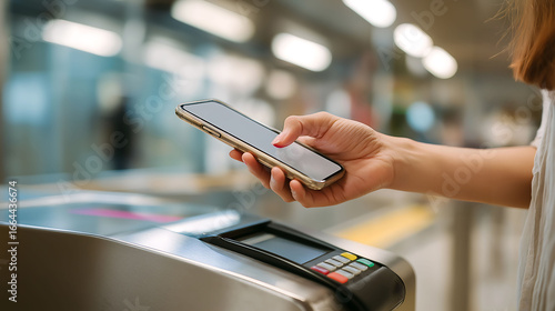 Close up hand of a person using contactless payment for subway ticket via smartphone at the gate in train station. Contactless technology and commuter people concept
