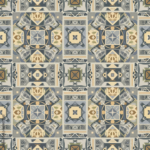 Seamless Pattern, Geometric tile pattern featuring an intricate arrangement of squares and motifs Stock royalty free