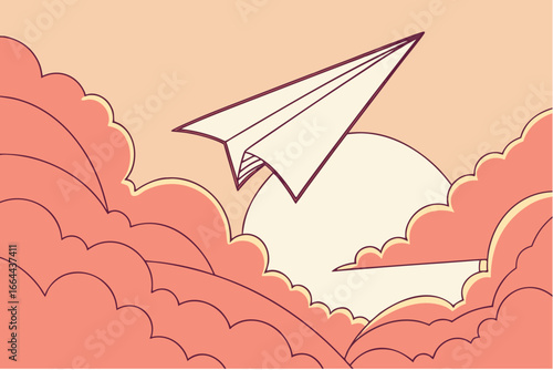 White paper plane floating against vivid sunset sky, creativity and ambition theme