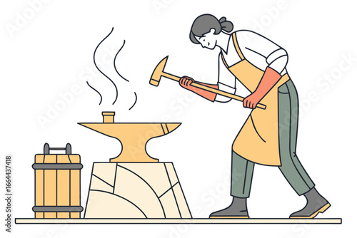 Village blacksmith working at his forge with glowing metal, modern flat illustration style.