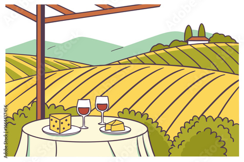 Wine tasting in Napa Valley with vineyard views, modern flat illustration style
