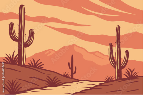 A cactus-filled desert in Sonora, Mexico, under a fiery orange sunset, modern flat illustration style.